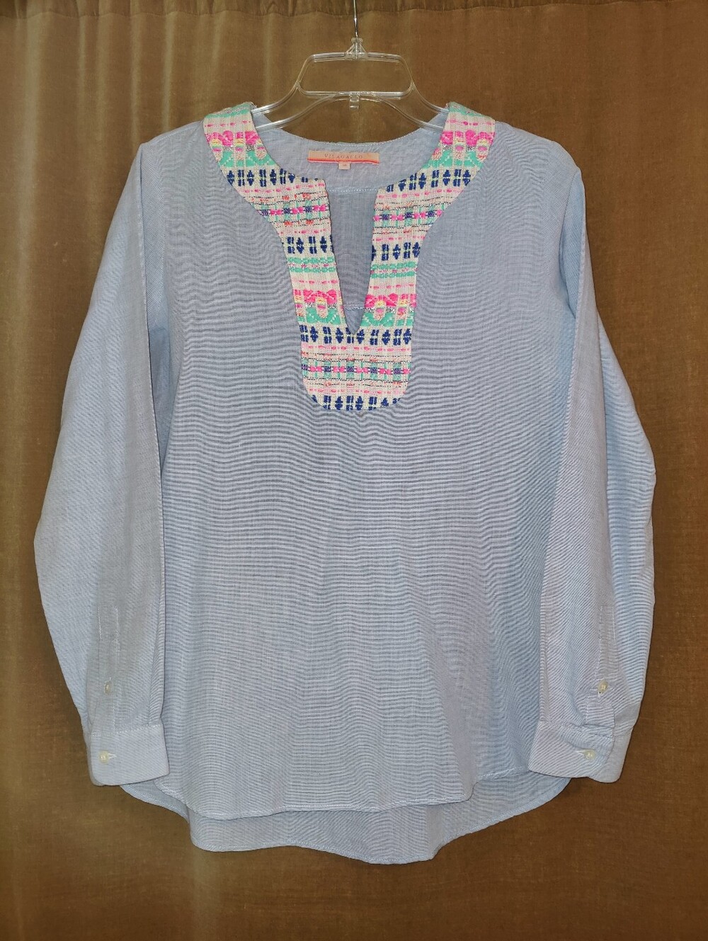 Vilagallo Tunic Blouse With Colorful Tweed Collar Band, Size 38 US 4-6